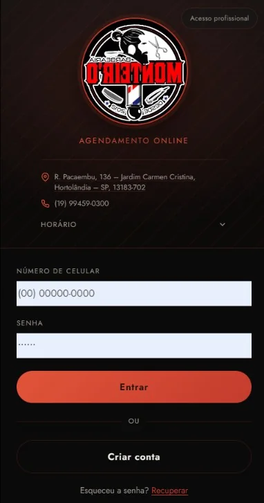 Tela de agendamento do app Barbearia Monteiro